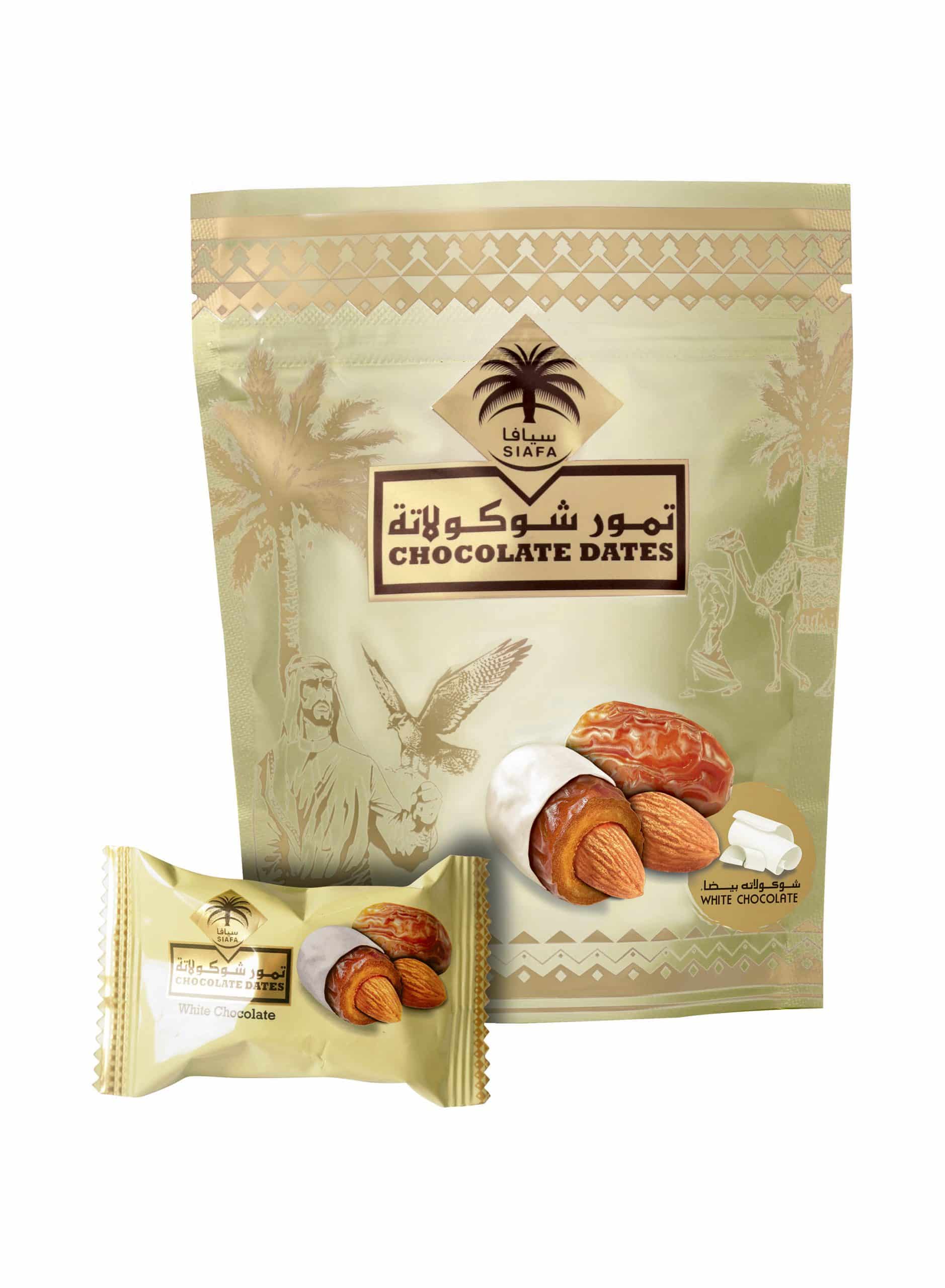 Dates flavored with almond and white chocolate (100 grams) Saudimade