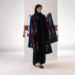 Black washed silk abaya, Al-Sadu with Al-Qatt Al-Asiri pattern