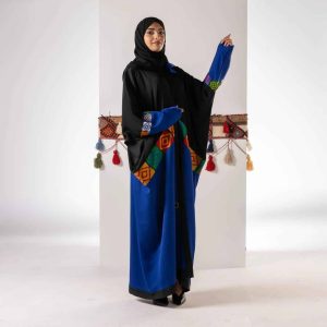 Washed silk abaya with crepe, Black and indigo, Sadu pattern
