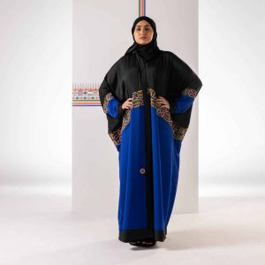 Black wash silk abaya, and indigo crepe, Al-Qatt Al-Asiri pattern