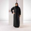 Black taffeta abaya with navy blue organza, with the unique Al-Qatt Al-Asiri original southern part of saudi design.