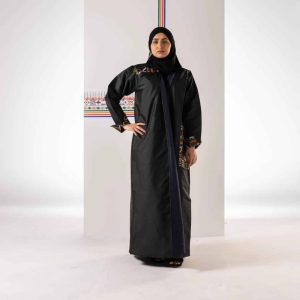 Black taffeta abaya with navy blue organza, with the unique Al-Qatt Al-Asiri original southern part of saudi design.