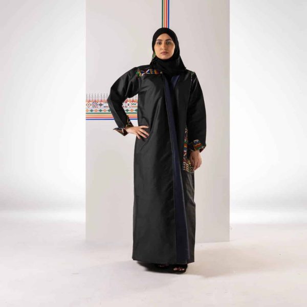 Black taffeta abaya with navy blue organza, with the unique Al-Qatt Al-Asiri original southern part of saudi design.