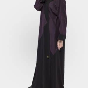 Shakira abaya, black and lilac suede and intertwining fabrics