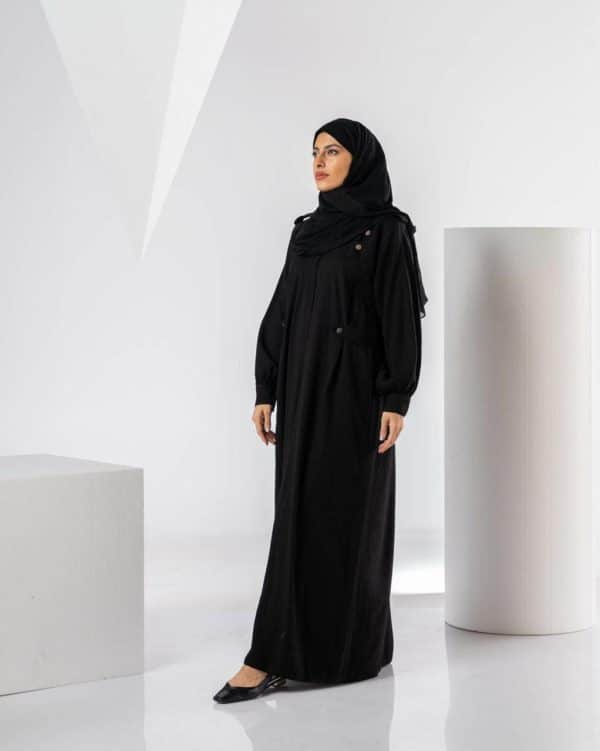 Shomokh Abaya, with a narrow sleeve and ribbon, decorated with buttons